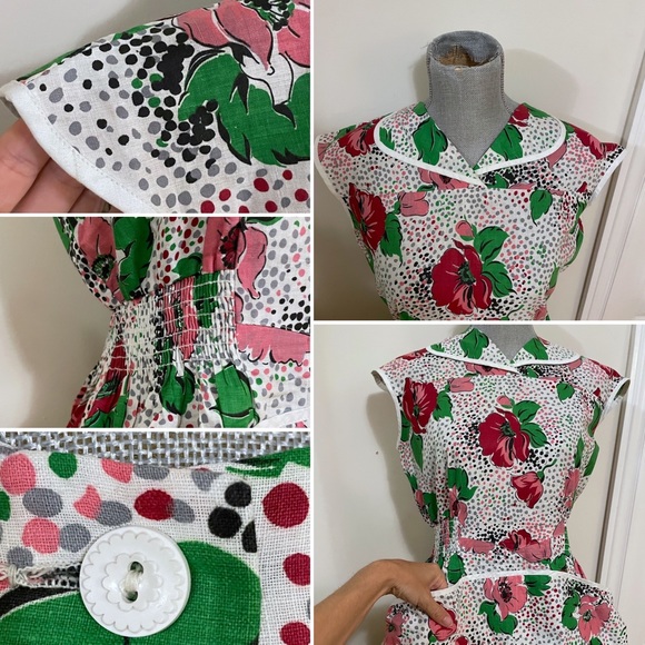 1950s floral peplum smock with button-down back, collar and big front pockets - Picture 8 of 11
